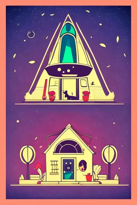 alien abduction, cute cartoon style design, funny cute, night, stars, full blood moon, dog, cow, person
