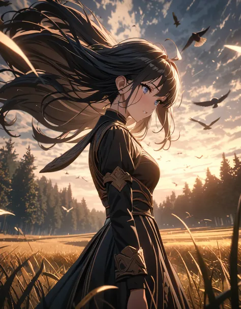 anime aestetic, dark fantasy aestetics, grim fantasy, big open field with low dry grass, forest far at the background, nature aestetics, white bitrds at the field, flying birds in the sky, cloudy skies, cloudy wheather, cinematic light, ray tracing ,atmosp...