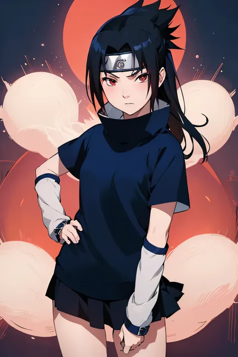 anime style,  sasuke uchiha girl , long black hair frinje , (loli body ),  sharingan red eyes,  angry face,  blush ,beautiful fa...