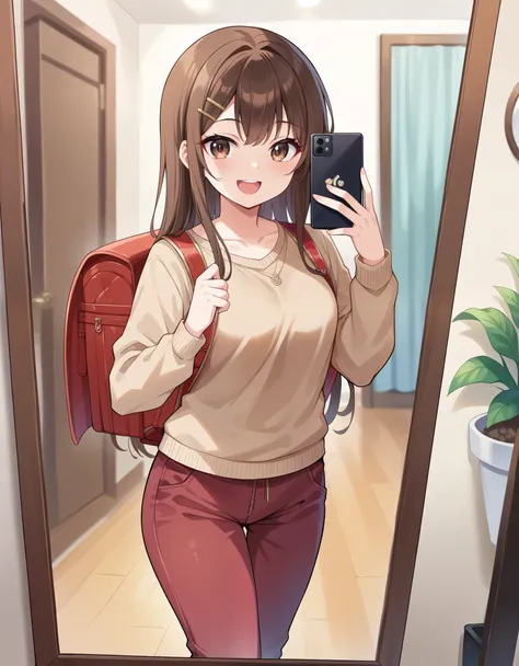 Masterpiece, hd, best quality, 1girl, brown hair, brown eyes, smile, opened mouth, long hair, hair clip, brown sweater, dark red trousers, casual outfit, ootd, holding phones, iPhone, posing hands,  mirror selfie, indoor, mirror, standing, wearing red back...