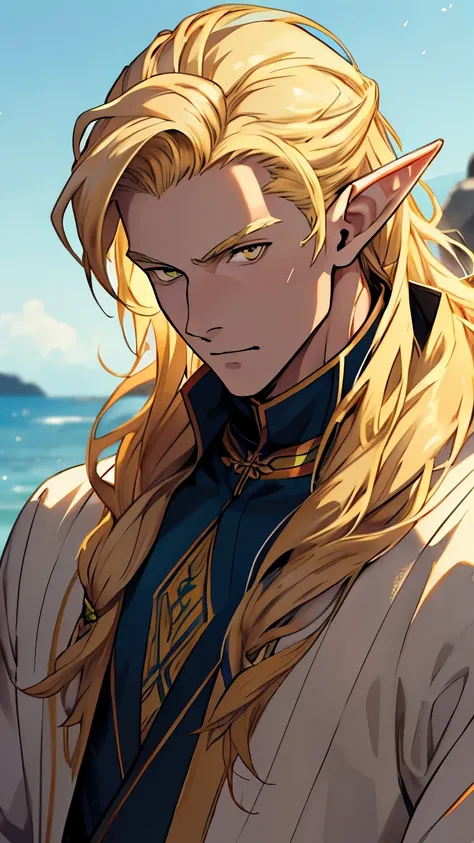 (masterpiece), best quality, high quality, 1 boy, beautiful face, handsome, sunlight, elf ears, pointy ears, handsome, blonde hair, long hair, yellow eyes, casual clothes, upper body, sea background, looking straight,