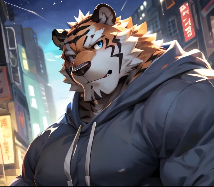 bynamic angle,depth of field, motion blur, absurdres,looking at viewer, (best quality), (masterpiece), (ultra detailed),(detailed eyes),sharp focus,japanese anime,manga,anthro male white tiger,(muscular),big fellow,huge body,((sweatshirt)),sky blue eyes,ha...