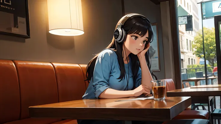 Girl listening to music with headphones in a cafe, perfectly detailed face, perfectly detailed figure, correct posture of her body, illuminated environment, long hair, casual clothes and sneakers, 4K definition