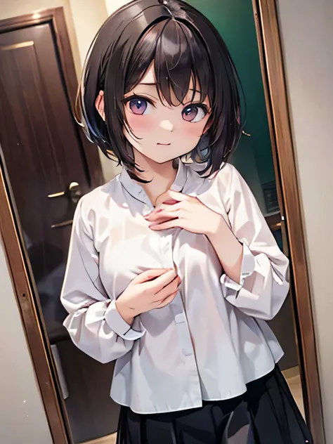 A shy university student with short black hair wearing a modest white blouse and knee-length skirt, standing in front of a mirror with one hand gently touching her chest, cheeks flushed with embarrassment, surprised expression as she contemplates her body....