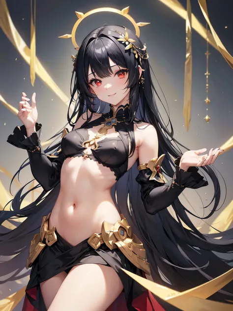 (((masterpiece))), (((best quality))), ((ultra-detailed)), (illustration), (detailed light),((an extremely delicate and beautiful) ,__an anime sexy girl dressed in black and holding her right hand up in a sirens head dress, 1girl, solo, long hair, navel, r...