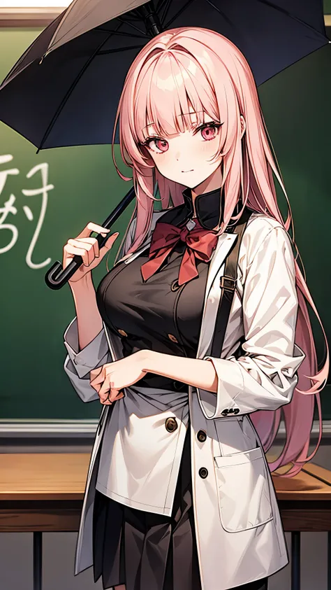 intricate, master peace, best quality, very aesthetic, best illustration,a beautiful anime girl a art style, solo, long hair, blunt bangs, pink hair, red eyes, large_breasts, A girl in a winter school uniform is brushing her hair back in a classroom. In th...