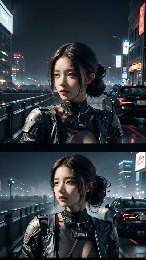 Guvez style cyber-future city, high-quality CG, multiple characters, complex scenes, full of competitive atmosphere, emphasizing futurism and technology, full of color, rich details, tough lines, and desperate expressions of characters