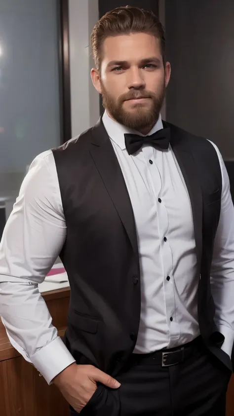 (zPDXL2), score 9, score _8_ above, realistic, A handsome, young man, 2, beard, brown hair, Wearing a suit, in the background, a luxurious office, Glamour Shots_PDXL