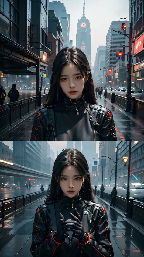 Guvez style cyber-future city, high-quality CG, multiple characters, complex scenes, full of competitive atmosphere, emphasizing futurism and technology, full of color, rich details, tough lines, and desperate expressions of characters