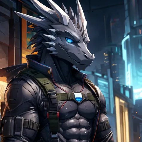 Thin macho western black dragon, abs, Hollow abs, body suit, thick arms, chest rig, sweaty, skin glow, profile, Wearily, short of breath, blue eyes, Tired look, Glowing abs, Deep abdominals, jacket