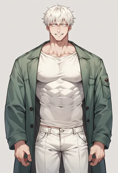 Male Albino tall and muscular body with a white hair with white eyes and a menacing smile, hes wearing a coat with a white Tshirt and a grey ivy cap and white pants
