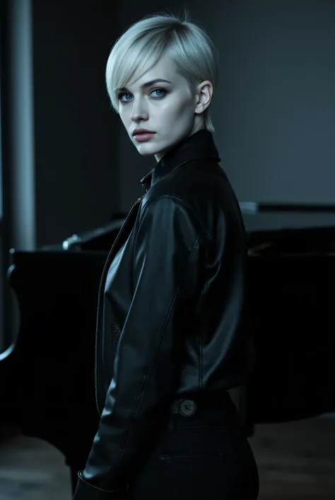 a woman with very pale skin and vivid blue eyes, short white pixie style hair in a modern style, wearing black leather pants and a black jacket, standing next to a piano in a dimly lit room, (best quality, 4k, 8k, high resolution, masterpiece: 1. 2), ultra...