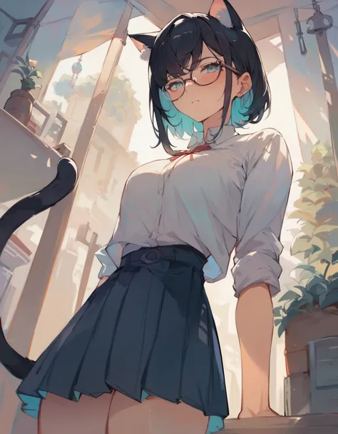 Masterpiece, (best quality:1.1), (highest quality:1.1), Anime, from below, 1girl, standing, cat girl, sexy girl, (young:0.7), glasses, skirt, modern clothes, blushing, (beautiful thighs:0.6), sexy body, 4K, highest resolution, precision 