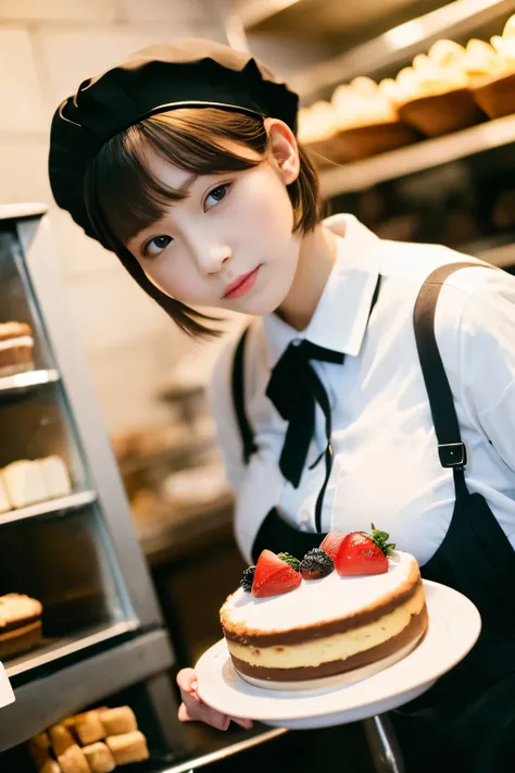 ((Patisserie))、(Cake shop)、masterpiece, highest quality, High resolution, 1 girl, alone, big breasts、beret, skirt with suspenders, black hair、bowl cut hair、((clerk)), (((collared shirt)))、looking at the viewer, from below, Looking down on the viewer, skirt...