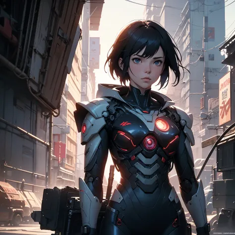 1 girl, ghost in the shell in the style of 90s vintage anime, robotics, scifi, futuristic, surrealism, akira style, advance suit, detailed line art, fine details, greg rutkowski makoto shinkai kyoto animation key art feminine eye-level shot