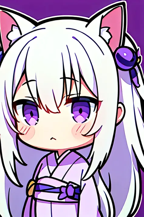 1 cute chibi girl with long white hair, purple eyes, wearing a white and purple kimono