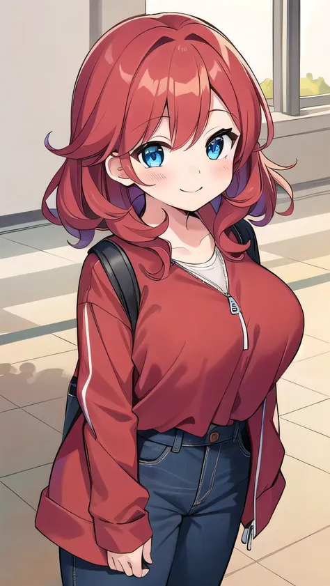 Big breasts, red hair, blue eyes, droopy eyes, red jacket, (super big breasts:1.1), (medium hair: 1.1), baggy clothes, elementary school student, young face, short height, ,, shy , smiling a little, straight hair，, cute clothes, 