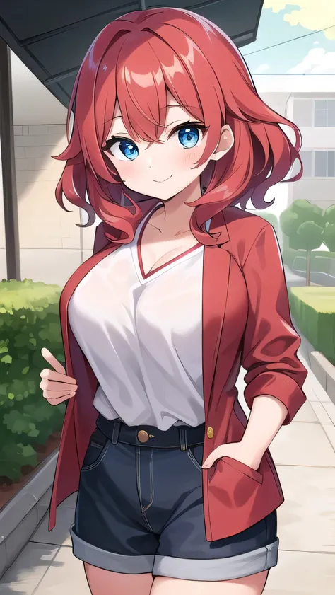 Big breasts, red hair, blue eyes, droopy eyes, red jacket, (super big breasts:1.1), (medium hair: 1.1), baggy clothes, elementary school student, young face, short height, ,, shy , smiling a little, straight hair，, cute clothes, 