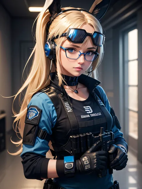 8K Ultra High-Quality, ultra-detailed, High quality, Dark Blonde hair, Long hair, Headset, Goggles, Modern blue Tactical Helmet, Bunny girl, Blue Tactical clothes, Blue Military clothes, Black tank top under clothes, blue bullet proof Body Armor vest, Look...