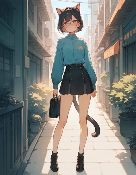 (best quality:1.1), (highest quality:1.1), Anime, 1girl, standing, cat girl, sexy girl, (young:0.7), glasses, skirt, modern clothes, blushing, sexy body, 4K, highest resolution