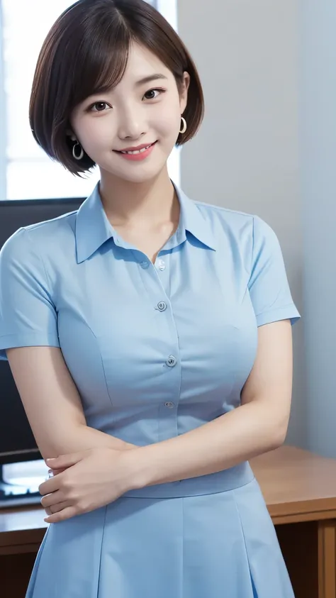 Anatomically correct five fingers　Light blue short sleeve dress shirt　Upper body shot of a young Korean woman in a red skirt standing in the office　Smiling at the camera, Short Hair　Big Breasts　Emphasizing her bust with buttons bursting　Earrings、I&#39;m we...