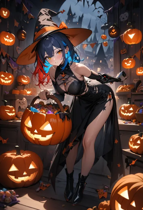1girl ,solo,tall,full body,two tone hair ,red hair,blue hair, two eyes color,orange eyes,green eyes,cyborg arm,head tilt,big witch,leaning forward, glowing halloween jack-o-lantern, basket, halloween elements, , candy elements, halloween decorations, iconi...