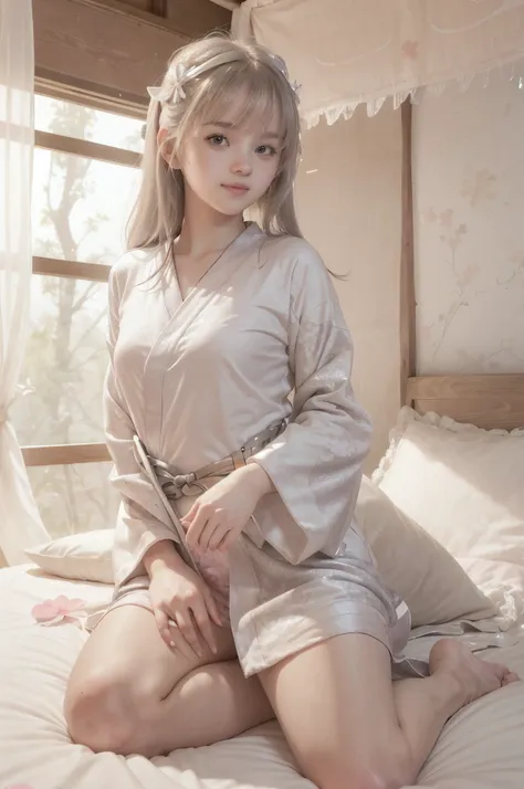 photo of mariya with long blonde hair, bang, (petite:1.4), wearing (silver japanese kimono:1.3),  on bed in a cute girly bedroom...