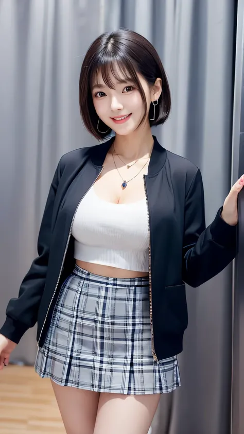 Young Korean　A woman wearing a blue top and a black and white checkered miniskirt, Super short blue plaid skirt, Korean female fashion model, Wearing a jacket and skirt, Beautiful short skirt, Blue clothes, Short Hair　Earrings、　Thin Necklace　Big Breasts　En...