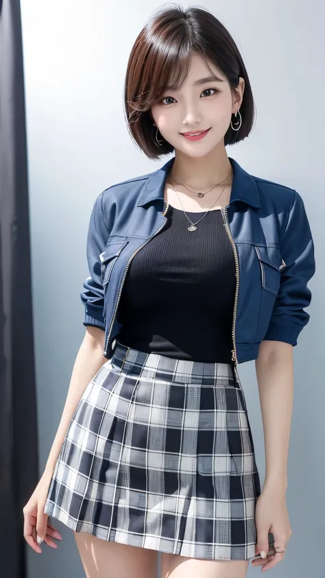 Young Korean　A woman wearing a blue top and a black and white checkered miniskirt, Super short blue plaid skirt, Korean female fashion model, Wearing a jacket and skirt, Beautiful short skirt, Blue clothes, Short Hair　Earrings、　Thin Necklace　Big Breasts　En...