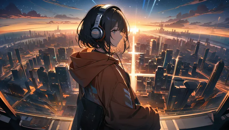 Detail of a woman wearing headphones, A woman is wearing a hoodie, The best buildings in the city, road, sunrise, horizon, Skyline, In the starry sky, Cloud City, High resolution, 8k