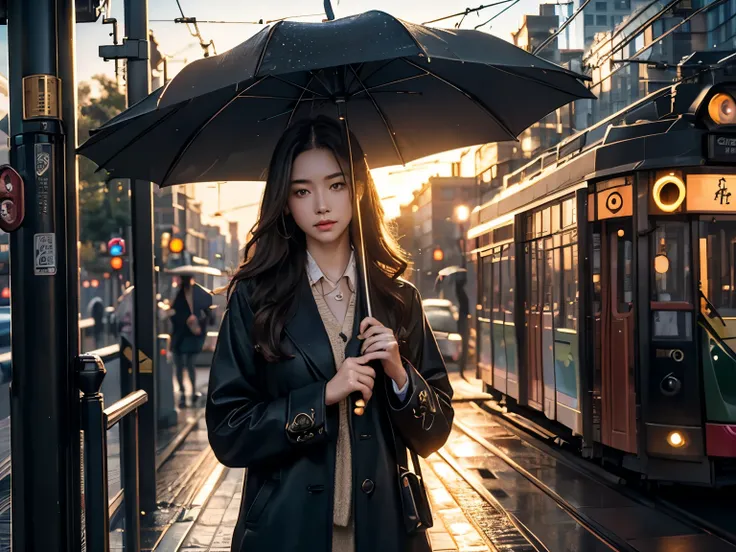 (a Girl at the bus stop), (an umbrella), ((2trams, Crossing trams)), sunset, sunset light, shine, glint, a rainy day, (depth of field:1.30), (photo realistic:1.35), masterpiece, best quality, CG, wallpaper, HDR, high quality, high-definition, extremely det...