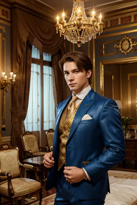 The image is a digital illustration in a classic animated style depicting a young man with fair skin and combed brown hair.. He is dressed in a formal and majestic suit that includes a blue jacket with gold epaulettes., a red vest and a white shirt with a ...