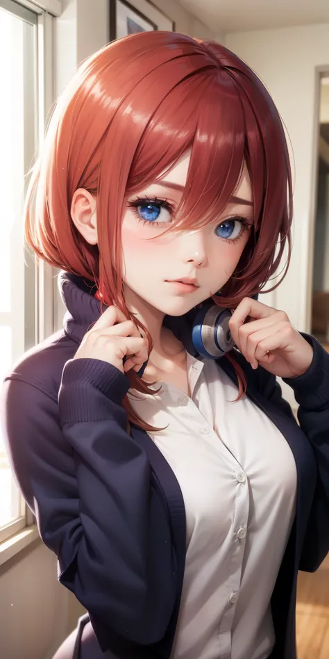 Beautiful girl is happy and looking at the viewer,nakano miku, brown hair, hair between eyes, blue cardigan, headphones, sad expression, medium breasts, saia verde, uniforme escolar, pose fofa,anime, (itsuk Nakano), (Gotoubun no Hanayome),master part,8k,Ul...