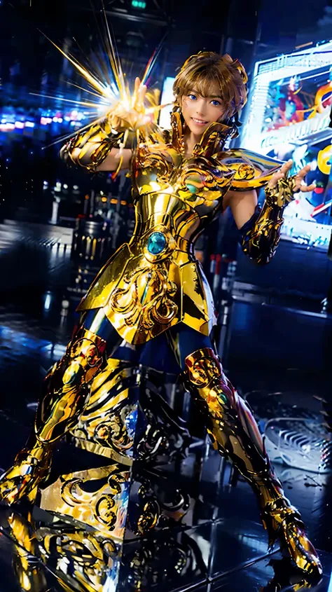 Ultra high color（masterpiece）， Full body photo，（Please redeem）， （One Girl），Short brown hair,  Shine金色の鎧を着て,Cool pose， Saint Seiya Armor， Messy Hair，high detail, Anime Style, Cinema Lighting, Shine, Holy Light, Ray Tracing, Film Grain, Hyper HD, Texture Ski...