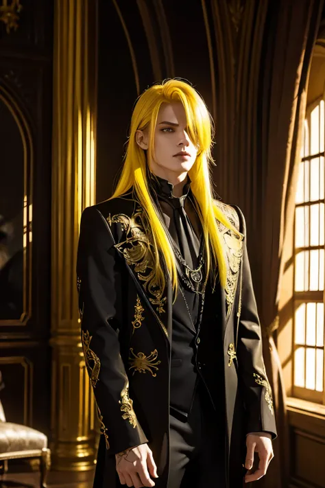 gothic man, yellow hair, corpo sexy, Long hair, in a luxurious room, side lighting, perfect lighting