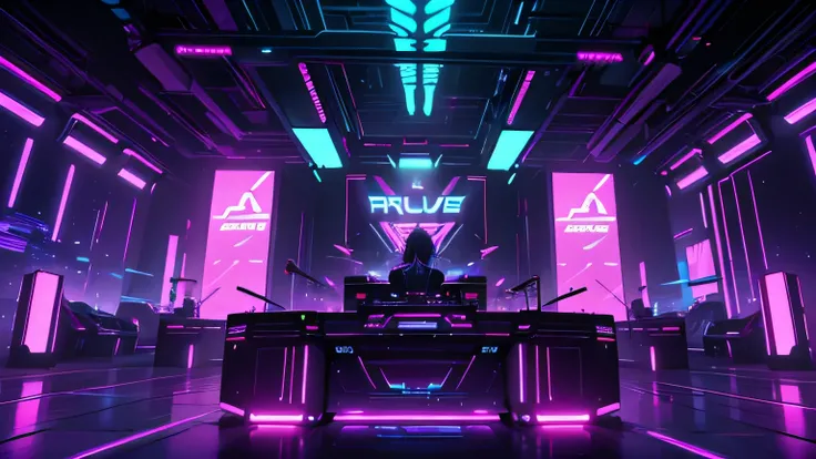 a brightly lit stage with dj equipment and lights, style hybrid mix of beeple, dj, cyberpunk nightclub, futuristic setting, cyberpunk setting, beeple style, dj set, sci-fi night club, dj rave , nightclub background, beeple colors, beeple |, dancefloor, in ...