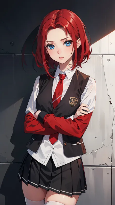 kallen stadtfeld, blue eyes, ((red hair:1.5)), short hair,
break ((school uniform, red necktie, white shirt, pleated skirt, blac...