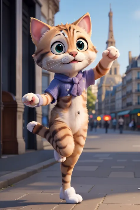 Full body kitten, in the city of Paris, happy dancing 