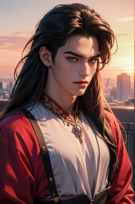 (Best quality)), ((masterpiece)), (detailed), ((perfect face)), ((halfbody)) perfect proporcions, He is a handsome vampire, 1, he is sexy, long hair, badass, He has his back to the camera, he is on top of a building, pink sunset sky, ((perfect face)), full...