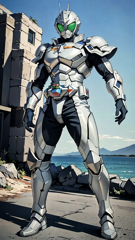 (masterpiece:1.5, best quality:1.5, extremely delicate:1.5), ((male:1.5)), a man wearing a full-face helmet, a biotech armored combat suit, green eyes, (a composite layered chest armor), fully enclosed shoulder guards, matching arm and leg guards, a belt o...