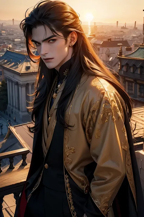 (Best quality)), ((masterpiece)), (detailed), ((perfect face)), ((halfbody)) perfect proporcions, He is a handsome vampire, 1, he is sexy, long hair, badass, He has his back to the camera, he is on top of a building, sunset sky, ((perfect face)), full body...