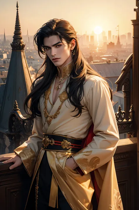 (Best quality)), ((masterpiece)), (detailed), ((perfect face)), ((halfbody)) perfect proporcions, He is a handsome vampire, 1, he is sexy, long hair, badass, He has his back to the camera, he is on top of a building, sunset sky, ((perfect face)), full body...