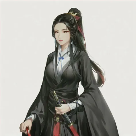 With long black hair、Anime big breast girl holding a sword, Full body martial arts, Full body fairy, Flowing hair and robes, Beautiful calligraphy and painting, Inspired by Zhou Fang, heise jinyao, Inspired by Zhao Yuan, Inspired by Guan Daosheng, Inspired...