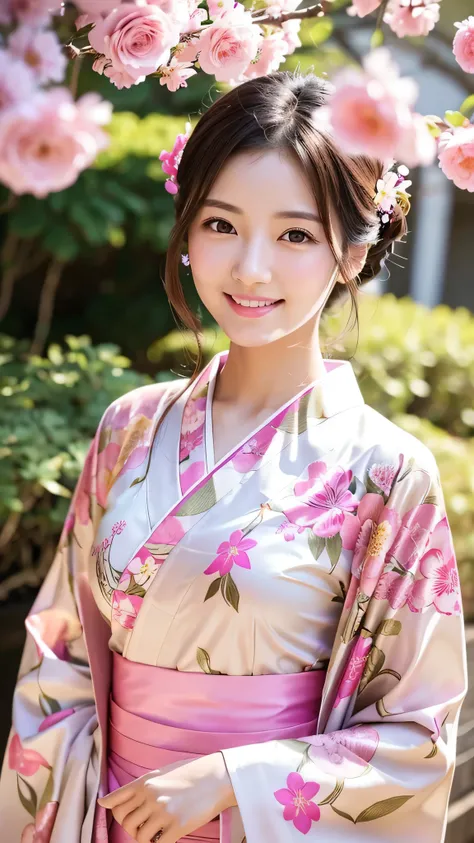 female, smiling, standing, looking at viewer, fair skin, detailed skin, detailed face, shiny skin, tall, slender, floral kimono, (light makeup,thin eyebrow,pink cheek,pink lips), young adult, japanese, realistic photo, cute, beautiful, half body photo, fro...