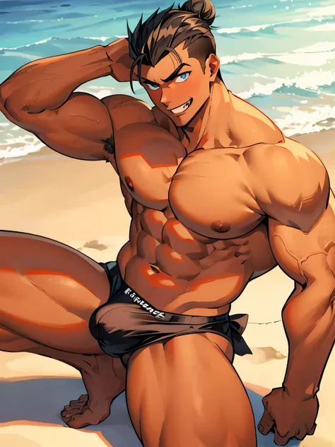  male boy bodybuilder flexing sexy in a beach, spoiled boy, arrogant attitud, indulged rich boy, anime style, rich boy, sexy thongs, arrogant smiling, 2, handsome,((slicked back bun hair shaved sides)), big & heavy muscle, big legs, defined body, barefoot,...