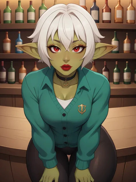 Goblin girl. red eyes. white hair. dark green skin. very short hairstyle. choker. red lips. small breasts. huge hips. leggings. cardigan. bend over, bar