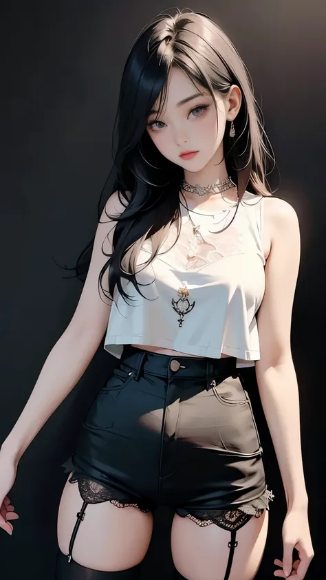 Please redeem, masterpieceレベル, Intricate details, High definition graphics, , Beautiful girls, Alone, Exquisitely painted face and eyes, Real skin fit, Black and white contrast scheme, High waist、The leg line is thin, Shorts and stockings, (The top is a sl...