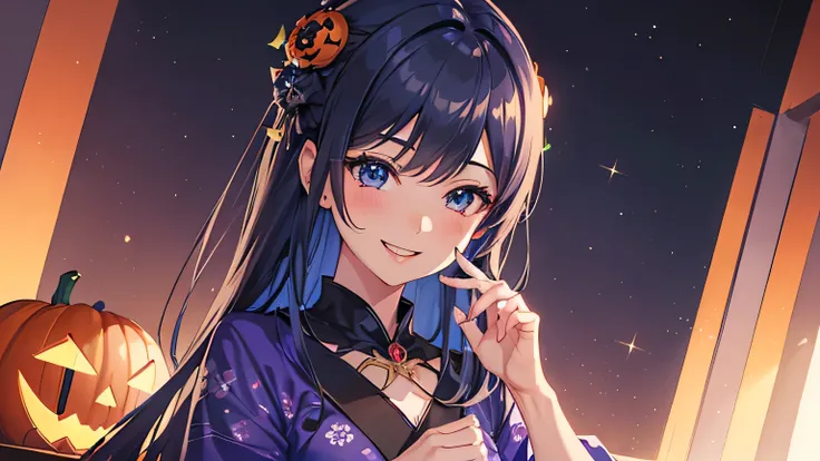 (((Wallpaper 8k CG))),(masterpiece),(Best Quality),Anime Style,(((Super Detailed Woman1,super smile))),Super detailed face,Super beautiful eye,Yukata,Sitting,Fantasy,Calm,nebula,((halloween)),right blue hair