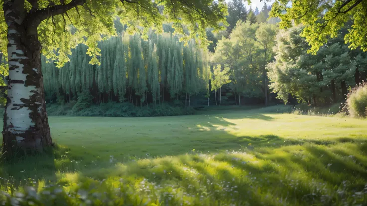 a lush green meadow with birch trees and willow trees, sunlight filtering through the leaves, peaceful scenic landscape, (best quality,4k,8k,highres,masterpiece:1.2),ultra-detailed,(realistic,photorealistic,photo-realistic:1.37),HDR,UHD,studio lighting,lan...