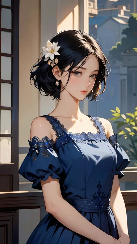 1 girl, (whole body), standing, Portrait, bare shoulders, (Beautiful Prussian blue evening dress decorated with lace and embroidery :1.2), flower、(On the balcony), (Sargent 油 painting)、Realistic， Photorealism，Alone，Beautiful Face、A vivid face、Black Hair、sh...